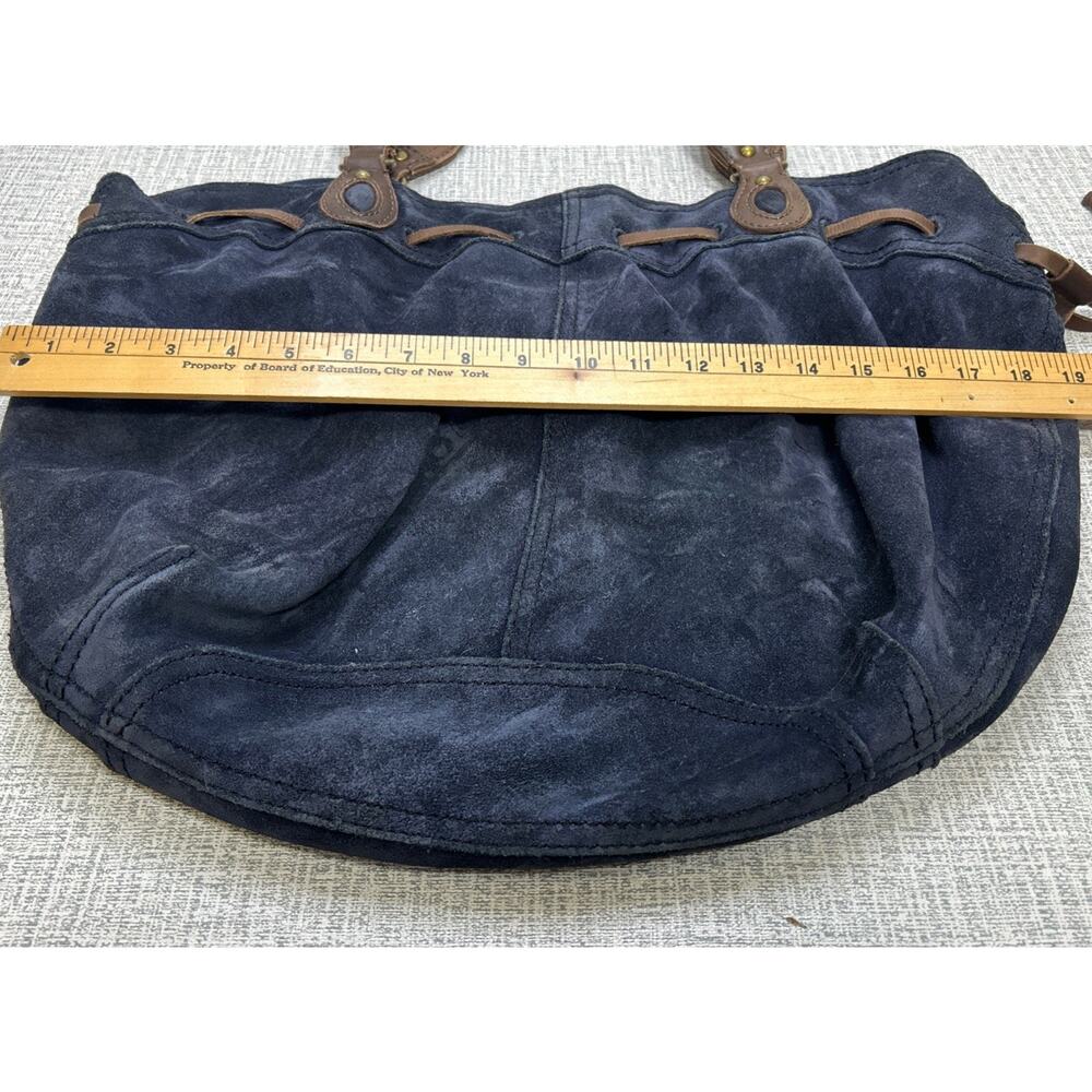 Lucky Brand Navy Blue Suede Hobo Tote Bag Drawstring Leather Double Handles Boho - Picture 5 of 10